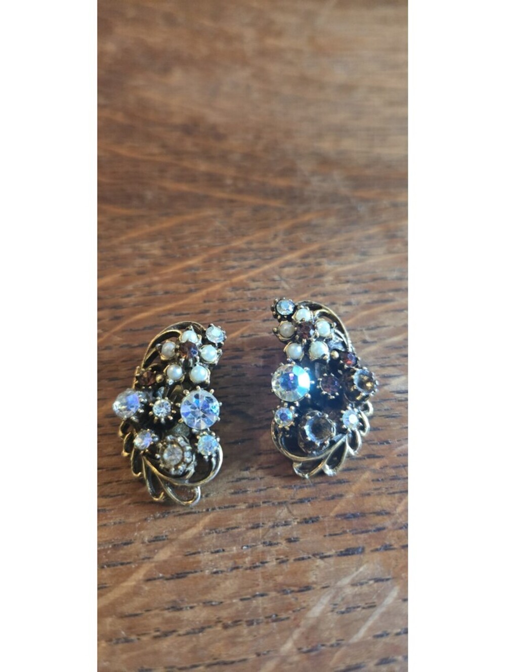 Vintage Florenza 1950's RARE Clip Earrings Faux Pearls Rhinestones 2 MISSING!